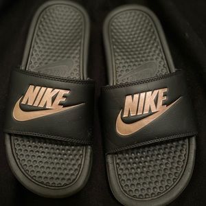 Nike black and rose gold slip on slide shoes